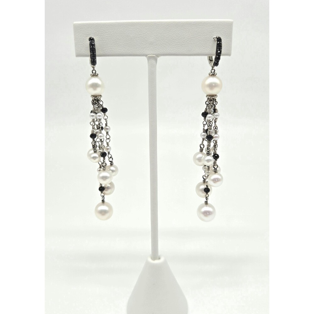 David Yurman Oceania Pearl Black Spinel Drop Earrings 3.5" 14K White Gold Sterli